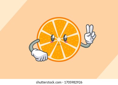 REALLY, ATTENTIVE, Curios Face. Peace Finger Gesture. Mascot Illustration. Slice Orange Citrus Fruit Cartoon.