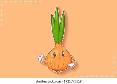 REALMENTE, ATENTIVA, CURIOSA Emoción facial. Saludo, Thumb up Hand Gesture. Cebolla, Caricatura De Caricatura Vegetable De Ajo Dibujando Ilustración De Mascota.