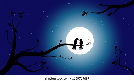 Really beautiful vector illustration of a night scene with full moon. The silhouette of two birds and tree branches can be seen. The sky is dark blue. Its a romantic themed art.