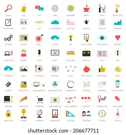 Really Big Set Of 64 Modern Flat Icons On SEO And Internet Usage. Search Optimization, Keywording, Data Visualization, Interface Planning, Social Networking  Teamwork Symbols. Each Icon Labeled. 