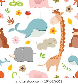 Really cute cartoon Wild Animals seamless pattern vector illustration
