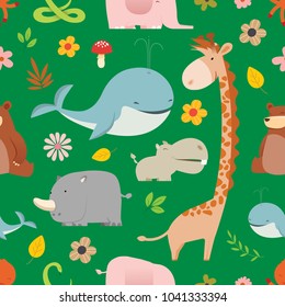 Really cute cartoon Wild Animals seamless pattern vector illustration