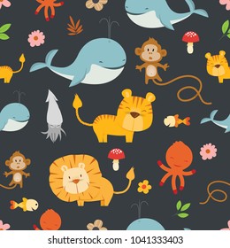 Really cute cartoon Wild Animals seamless pattern vector illustration