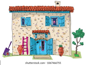 A really cute village french house. A vintage sandstone building. Traditional architecture solution. Cartoon.