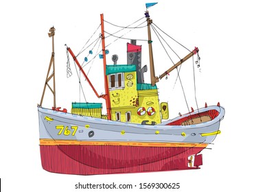 A really cute vintage diesel fishboat. Caricature. Cartoon. Full body view.