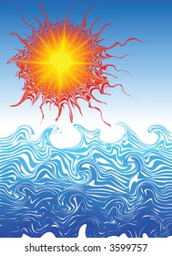 Really hot summer sun above the ocean - vector illustration