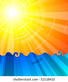 Really hot summer sun above the ocean - vector illustration