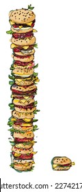 really huge pile of hamburgers - humorous allegory - cartoon