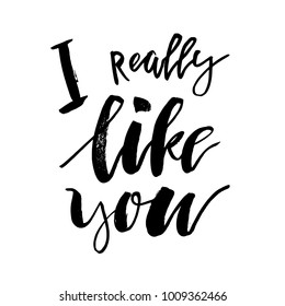 I Really Like You - Happy Valentines day card with calligraphy text  on white. Template for Greetings, Congratulations, Housewarming posters, Invitation, Photo overlay. Vector illustration