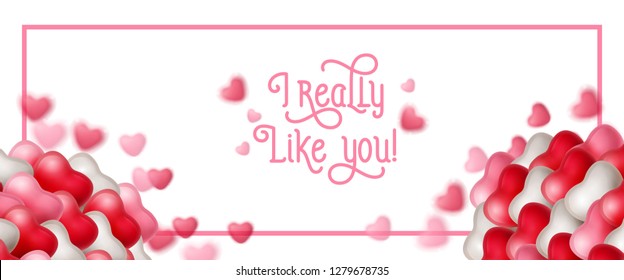 I really like you lettering in frame with hearts. Saint Valentines Day greeting card. Handwritten text, calligraphy. For leaflets, brochures, invitations, posters or banners.