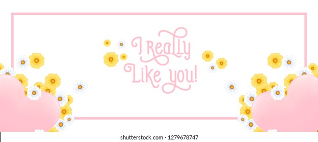I really like you lettering in frame with hearts and flowers. Saint Valentines Day greeting card. Handwritten text, calligraphy. For leaflets, brochures, invitations, posters or banners.