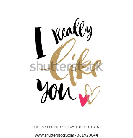 I really like you. Valentines day greeting card with calligraphy. Hand drawn design elements. Handwritten modern brush lettering.