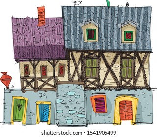 A really old medieval half timbered house with stone ground floor. Cartoon. Caricature.