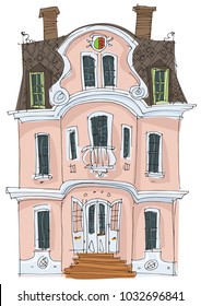 A really romantic old fashioned classical mansion, chateau. Traditional european architecture. Cartoon.