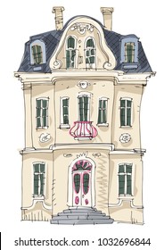 A really romantic old fashioned classical mansion, chateau. Traditional european architecture. Cartoon.