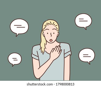 Really me? Surprised woman points at herself, cannot believe she is chosen. Hand drawn style vector design illustrations.