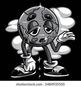 Really Tired Earth Retro Cartoon Black and White Illustration