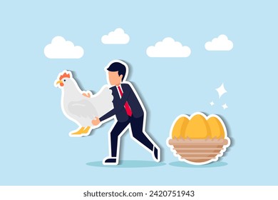 In the realm of high-return investments and successful retirement planning, a joyful businessman holds a large white hen, symbolizing a precious golden egg.