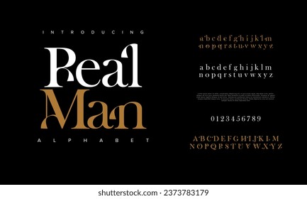 Realman premium luxury elegant alphabet letters and numbers. Elegant wedding typography classic serif font decorative vintage retro. Creative vector illustration