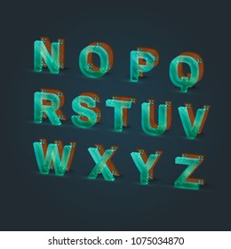 Realsitic glass and wood font set, vector illustration