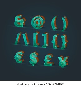 Realsitic glass and wood font set, vector illustration