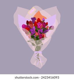 Realstic bouquet of fresh colorful roses wrapped in craft. 8 march, Valentine`s Day, birtday, wedding day, mother`s Day bouquet isolated on purple background