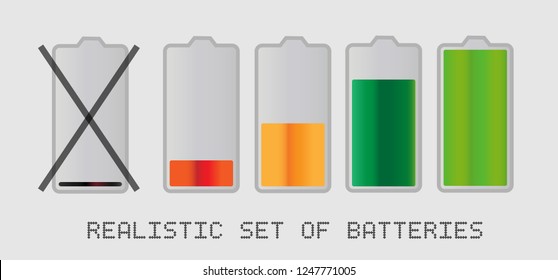Realstic capacity empty to full set of battery icons in vector graphics