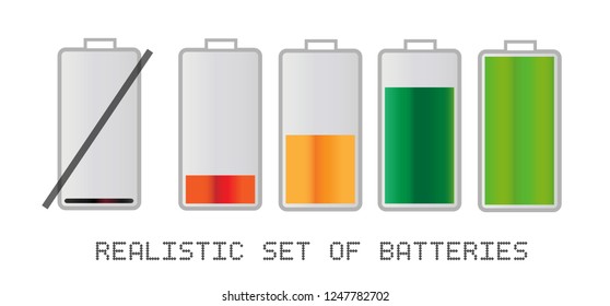 Realstic capacity empty to full set of battery icons in vector graphics