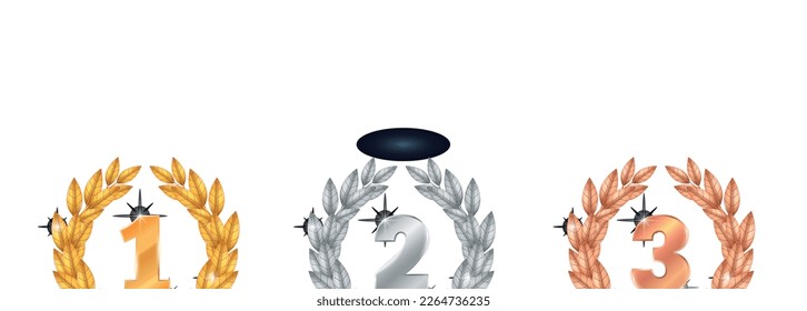 Realstic set with laurel wreath in gold silver and bronze colors isolated vector illustration