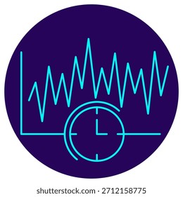 Icono de análisis en tiempo real. Borde de neón minimalista sobre un fondo redondo azul oscuro. Una elegante Ilustración vectorial de un gráfico oscilante y un reloj, que simboliza el monitoreo del mercado, la latencia de datos