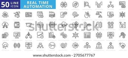 Real-time automation icon set outline containing machine learning, process control, data acquisition, smart sensor, data logging, cloud computing, big data, event-driven, edge computing