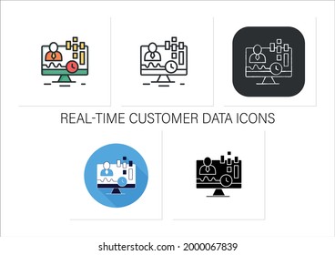 Conjunto de iconos de datos de clientes en tiempo real. Se concentra en datos en tiempo real capturados de clientes. Concepto de datos del cliente.Recopilación de iconos en estilos de color lineales, rellenos.Iconos vectoriales aislados