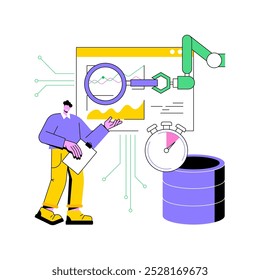 Echtzeit-Datenanalyse mit abstraktem Konzept, Vektorgrafik. Datenanalyse. Analysieren Sie Daten in Echtzeit, um Erkenntnisse zu gewinnen, Trends und Muster zu verändern. KI-Technologie. abstrakte Metapher.