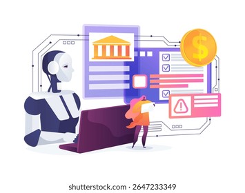 Ilustración vectorial de concepto abstracto de sistemas de detección de fraude en tiempo real. La IA monitorea las transacciones en tiempo real para prevenir el fraude financiero.