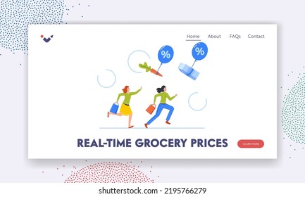Real-time Grocery Prices Landing Page Template. Food Inflation, Price Increase, Crisis, Economic Recession. Women Characters Chase Grocery Rising Up on Air Balloons. Cartoon People Vector Illustration