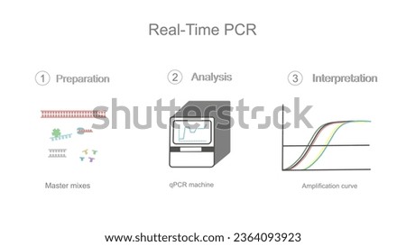 The real-time Polymerase Chain Reaction (PCR) workflow that shows important steps : Master mixes preparation, Analysis (qPCR machines), Interpretation (amplification curve).