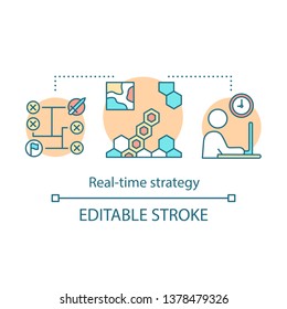 Real-time strategy concept icon. RTS. Computer game. Map area, tactics, gamer. Esports video tournament. Gaming online idea thin line illustration. Vector isolated outline drawing. Editable stroke