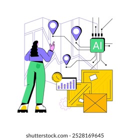 Visibilidad de la cadena de suministro en tiempo real con Ilustración vectorial de concepto abstracto de IA. Gestión de la cadena de suministro. La visibilidad en tiempo real ayuda a anticiparse a las interrupciones. AI Tecnología. metáfora abstracta.