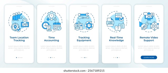 Real-time tracking and monitoring blue onboarding mobile app screen. Walkthrough 5 steps editable instructions with linear concepts. UI, UX, GUI template