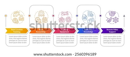 Real-time tracking and monitoring rectangular infographics. Field service management. Visualization template 5 options. Horizontal flowchart with line icons