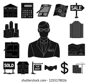 Realtor, agency black icons in set collection for design. Buying and selling real estate vector symbol stock web illustration.