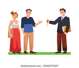 Realtor agent gives the keys to the happy couple. Real estate agency provides services for mortgage, loan, rent and sale of real property. Successful deal vector isolated illustration on white