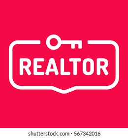 Realtor. Badge with key icon. Flat vector illustration on red background