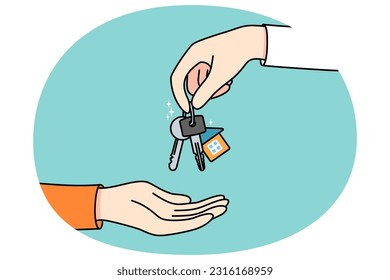 Realtor or broker give keys to client or buyer greeting with purchase. Real estate agent congratulate house owner with property buying. Realty and rental. Vector illustration.