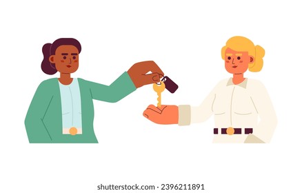 Realtor buyer key handover process 2D cartoon characters. African american female real estate agent, caucasian client isolated vector people white background. Homeowner color flat spot illustration