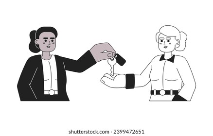 Realtor buyer key handover process black and white 2D cartoon characters. Black female realty agent, caucasian client isolated vector outline people. Homeowner monochromatic flat spot illustration