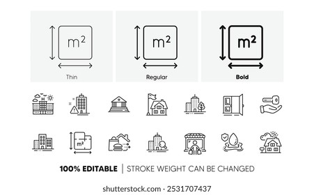 Corretor de imóveis, casa de compras e ícones da linha de entrega de alimentos. Pacote de Inspeção, Seguro de inundação, ícone do edifício do Tribunal. Porta aberta, planta, Pictograma de área quadrada. Prédio, arranha-céus. Vetor