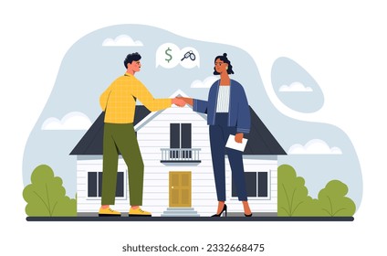 Realtor with client make deal concept. Man buying real estate keys from woman. Young girl selling home or house, private property. Investing savings and trading. Cartoon flat vector illustration