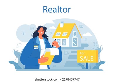 Realtor concept. Real estate agent' assistance in house selection and mortgage contract. Estate market analysis and housing. Flat vector illustration