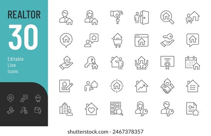 Conjunto de iconos editables de Realtor. Ilustración vectorial en el estilo moderno de la línea delgada de los iconos relacionados con bienes raíces: agente, agencia, contrato, y más. Pictogramas e infografías para App móviles.